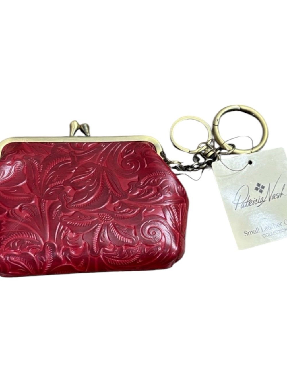 NWT Patricia Nash Borse Ruby Red Leather Kiss-Lock Keyring Coin Case